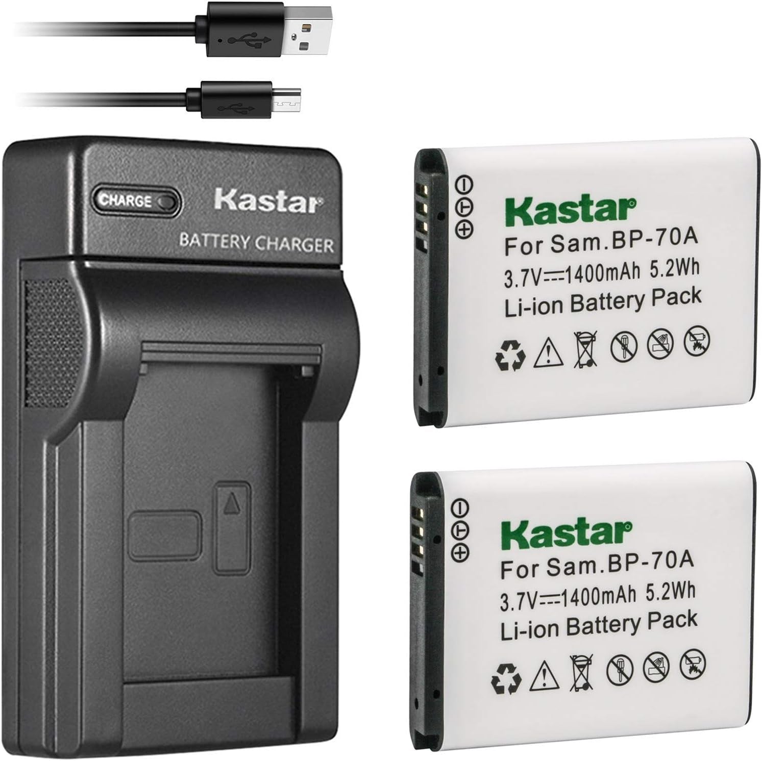 Battery (X2) & Slim USB Charger for Samsung BP-70A, BP70A, EA-BP70A and ES65 ES67 ES70 ES71 ES73 ES74 PL80 PL81 PL100 PL101 SL50 SL600 SL605 SL630 ST60 ST61 ST70 ST71 TL105 TL110 TL205
