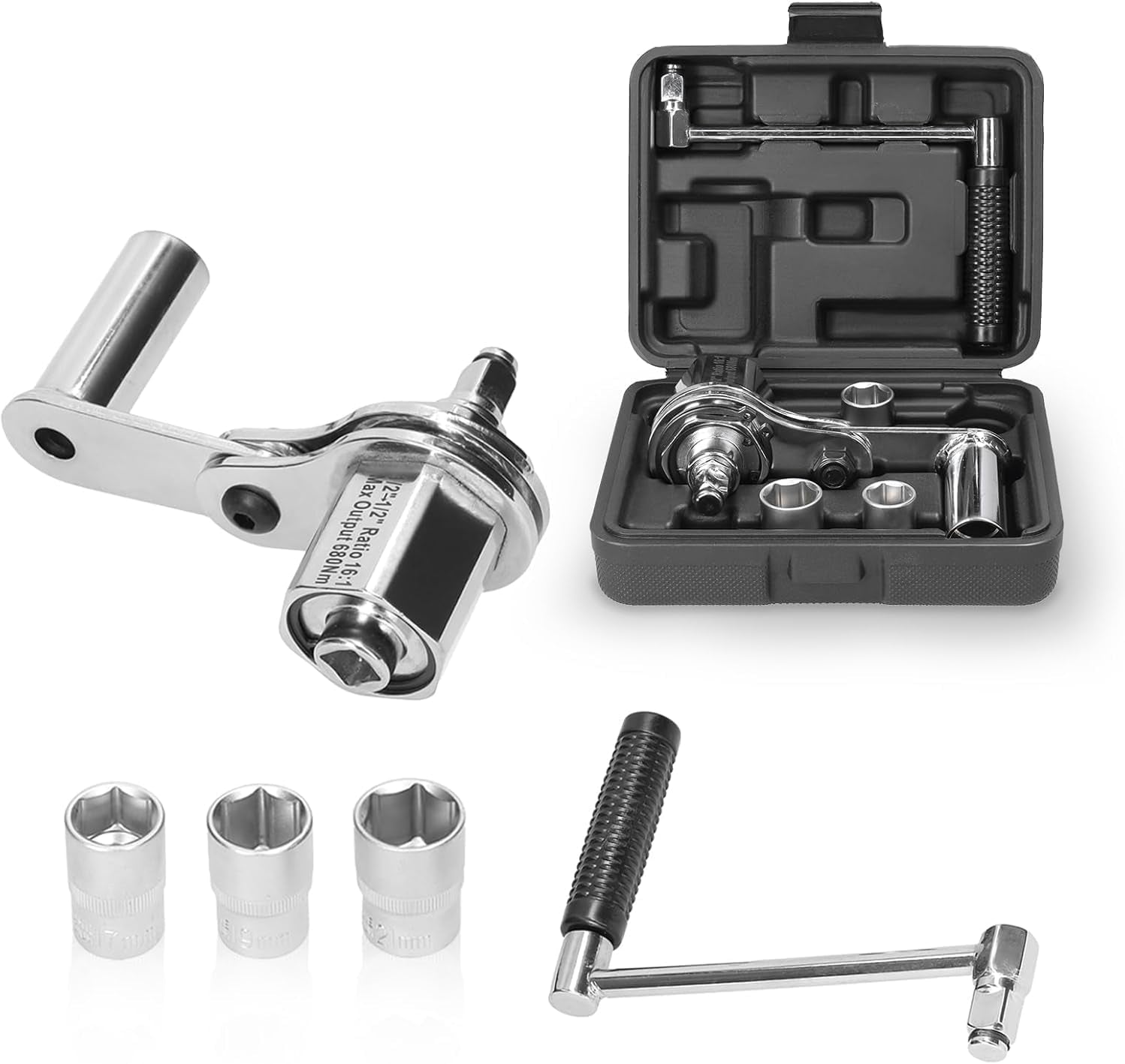 Heavy Duty Torque Multiplier Wrench Set - 1:64 Torque Wrench Set 11PCS Labor Saving Torque Multiplier Wrench Lug Nut Remover Lug Nut Wrench Set 1'' Drive 4800 NM with 8PCS CR-V Sockets Set (24-38MM)